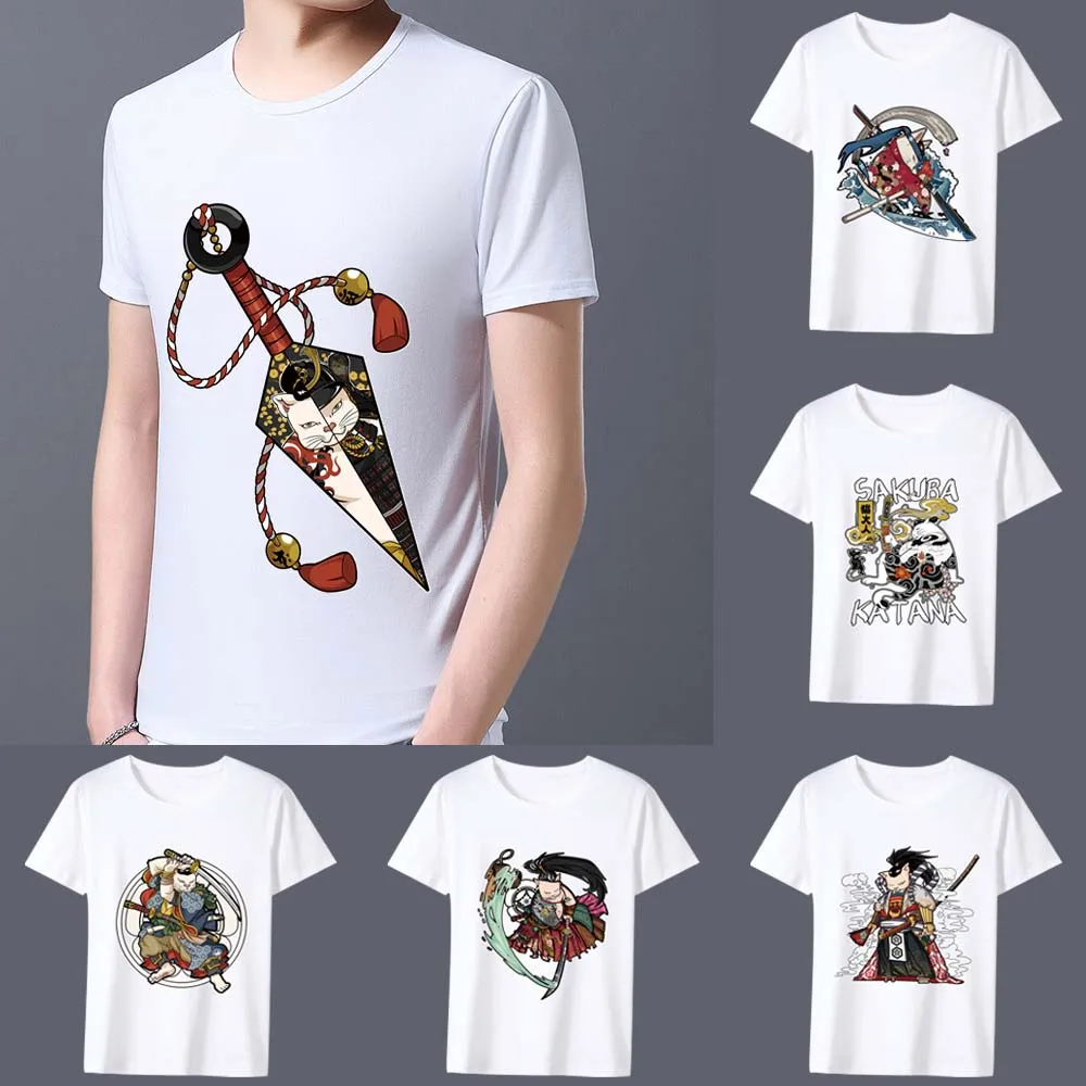 Summer Man T-Shirt Personality Cartoon Comics Samurai Print Series Male Short Sleeve Tops High Quality White Men\'s Tee Shirt