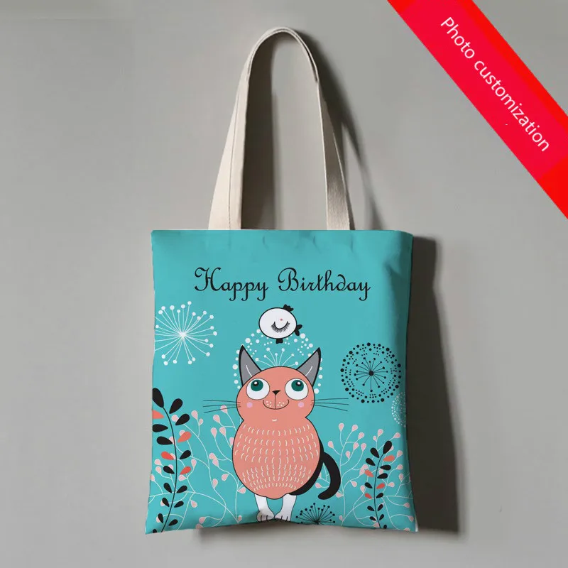 Custom Photo Canvas Bag, Cat and Dog Illustration, Photo Logo, Creative Printing Art, Environmental Protection, One should