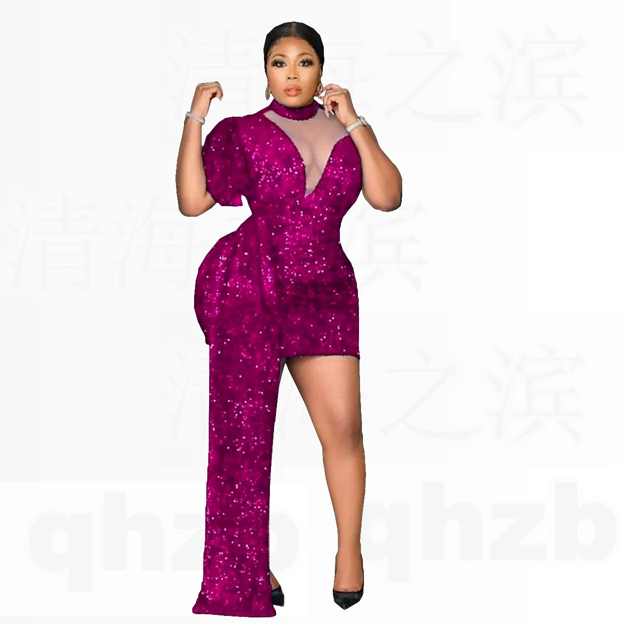 تخصيص جديد في الترتر الأزرق الملكي عالية الرقبة حورية البحر الطبيعية صغيرة/فوق الركبة فساتين لحضور الحفلات الموسيقية/النساء فساتين كوكتيل 2025