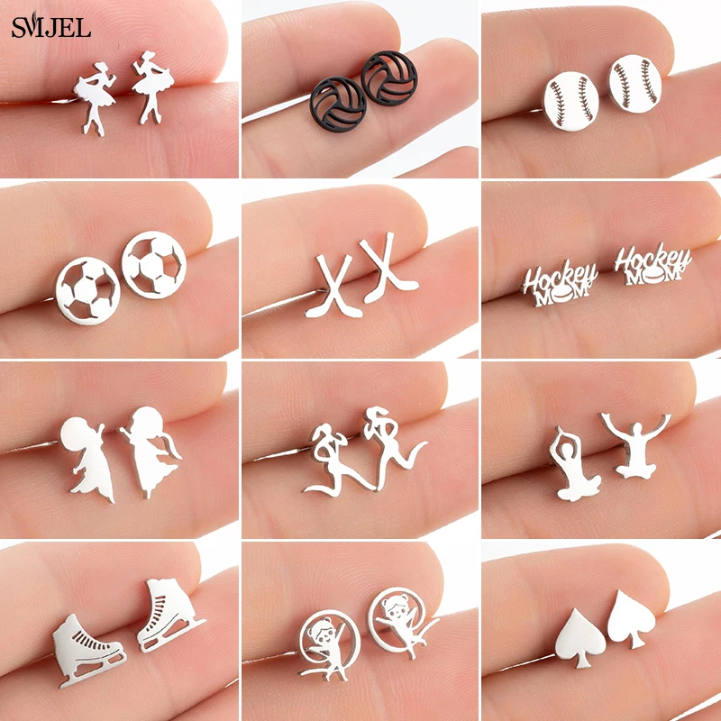 Fashion Baseball Studs Earrings Women Stainless Steel Running Ball Yoga Bicycle Hockey Sports Earrings Ballet Spades Jewelry