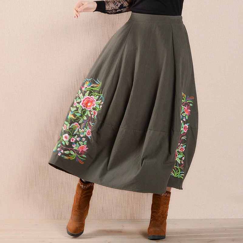 Ethnic Style Women Cotton Linen Skirt Mid Waist Spring Autumn Vintage Floral Embroidery Pleated Skirt Jupe Femme