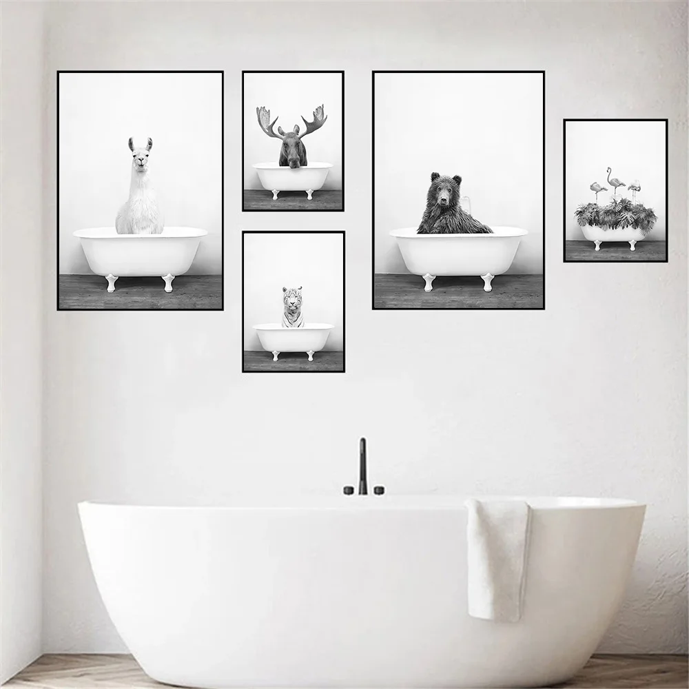 Bathtub Animal Canvas Print Panda Giraffe Bear Elephant Nursery Wall Art Painting Bathroom Poster Wall Pictures Kids Room Decor