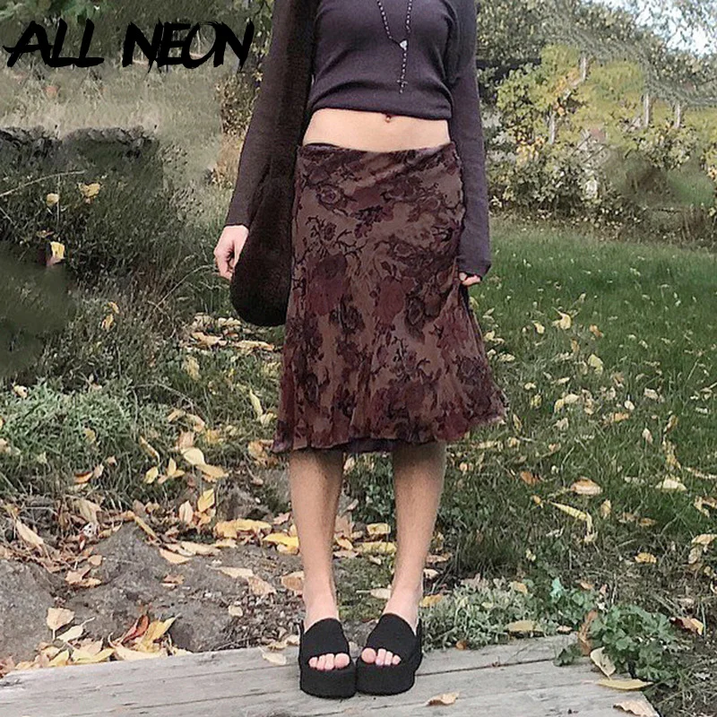 

ALLNeon 2024 Autumn Fairy Grunge Aesthetics Mesh Midi Skirts Y2K Fashion Streetwear Low Waist A-line Skirt Retro Women Bottoms