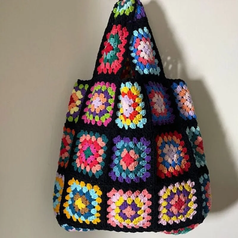 Black Granny Square Woven Handbag For Women Crochet Large Capacity Knitted Hollow Out Bag Boho Style Colorful Cute Purse