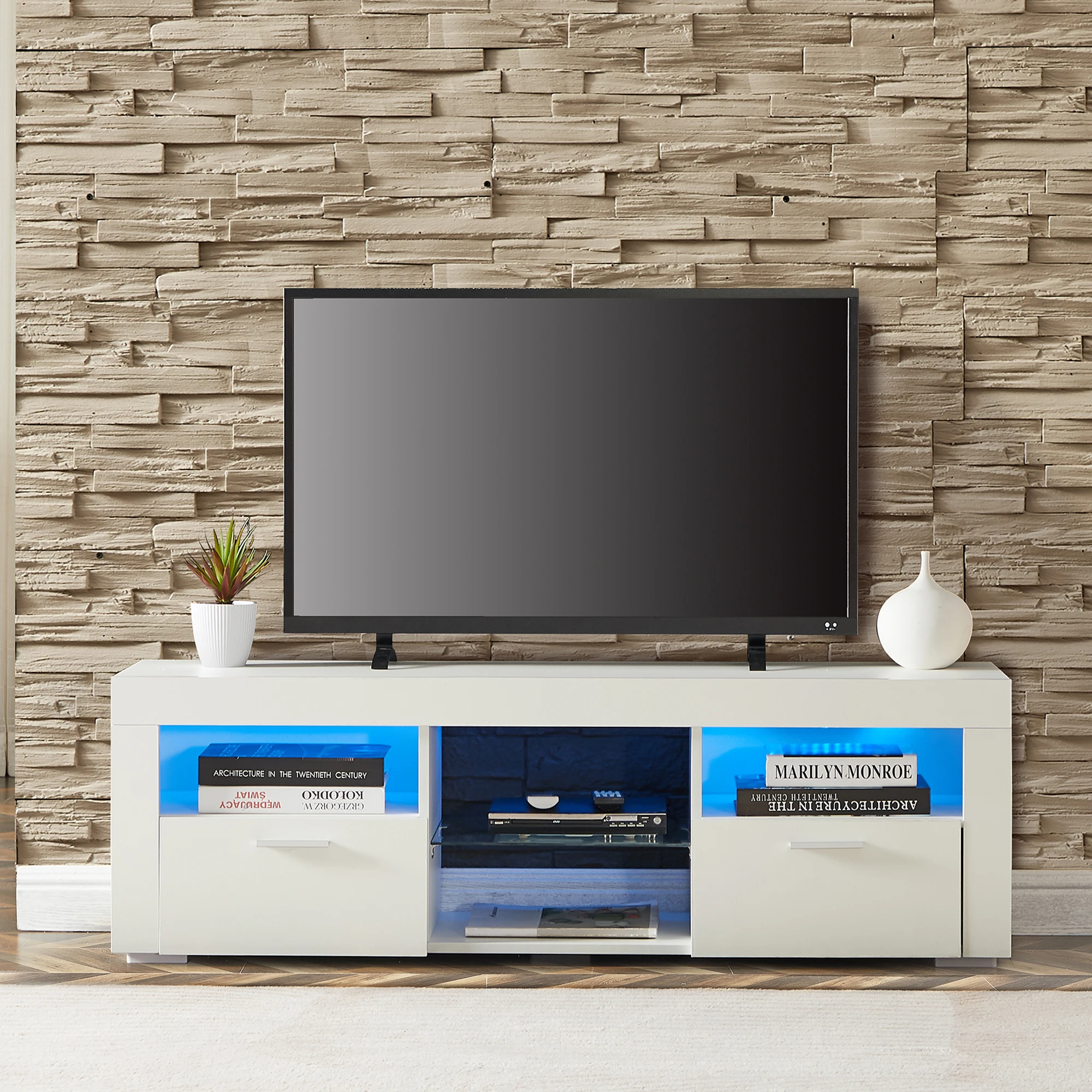 White+Black Morden TV Stand with LED Lights High Glossy Front TV Cabinet Can Be Assembled in Lounge Room Living Room or Bedroom