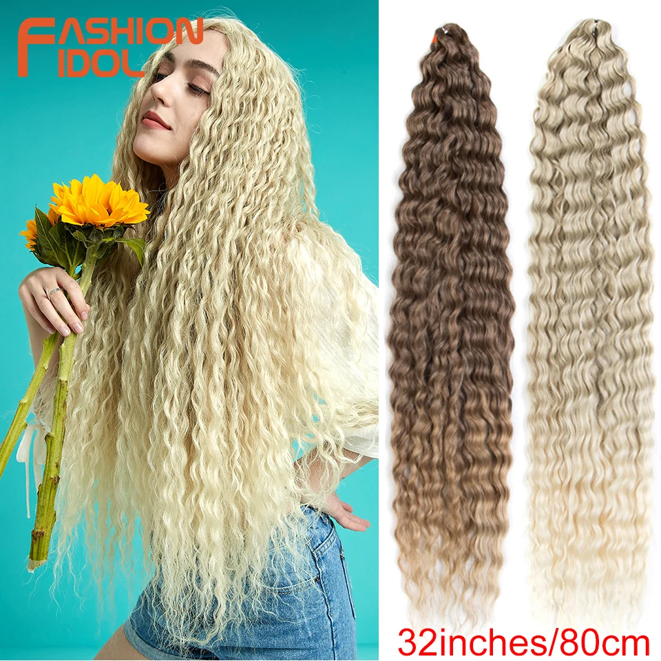 

FASHION IDOL 32 Inch Loose Water Wave Crochet Hair Synthetic Braiding Hair Ombre 613# Blonde Passion Twist Curly Hair Extensions