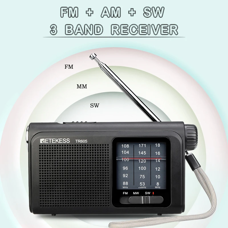 Retekess-Radio portátil TR605 para ancianos, linterna de emergencia con batería recargable, altavoz potente, FM/MW/SW