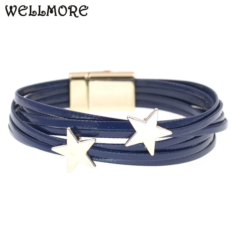 WELLMORE leather bracelets for women simple star Multilayer Wide Wrap Bracelet 6 size 18 colors Female Jewelry whoesale