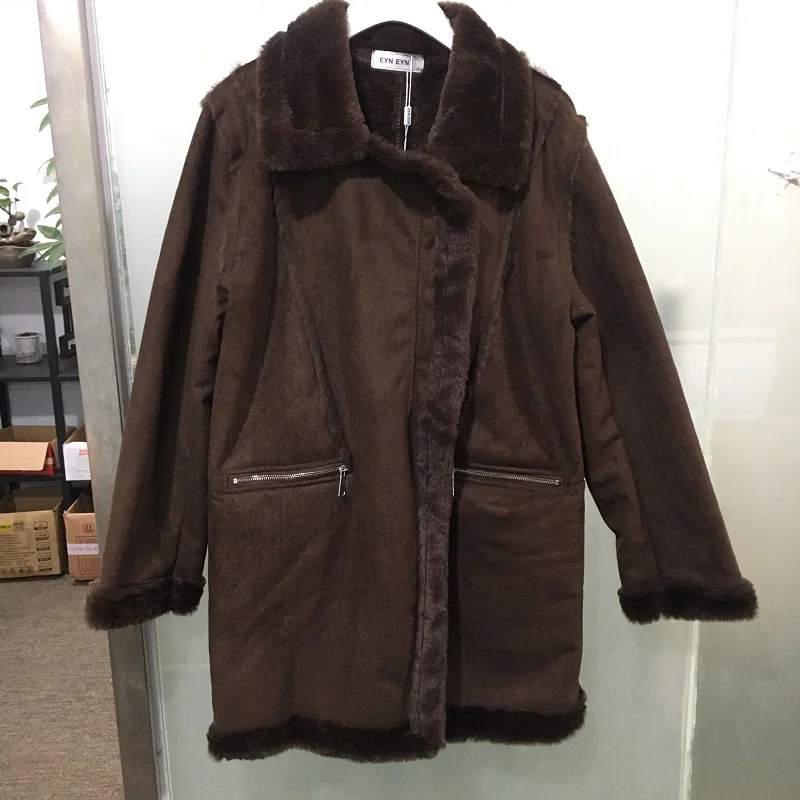 Winter Long Faux Suede Leather Jacket Women Female Green Faux Fur Lined Suede Jacket Woman Coat Large Windbreaker