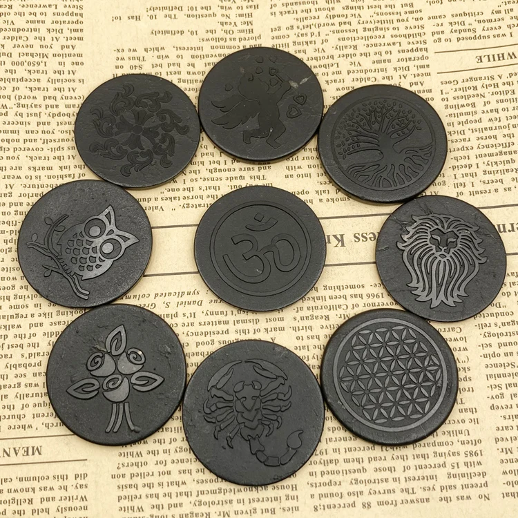 PANGEM- 1pcs Shungite Cell Phone Sticker Engraved 30mm, EMF protection, 5G protection, Black Shungite, Radiation Protection