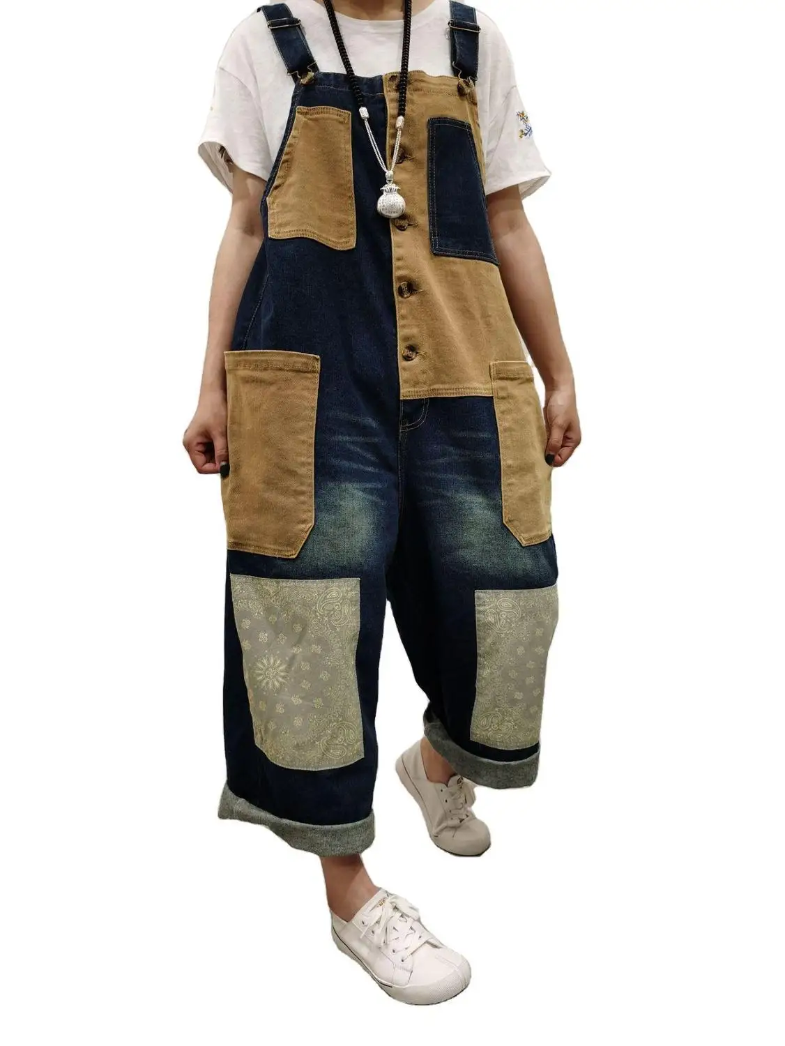 

Patchwork Cargo Jean Jumpsuits Suspenders Cowboy Wide Leg Long Pants Baggy Outdoors Denim Rompers Japanese Hiphop Pocket Overall