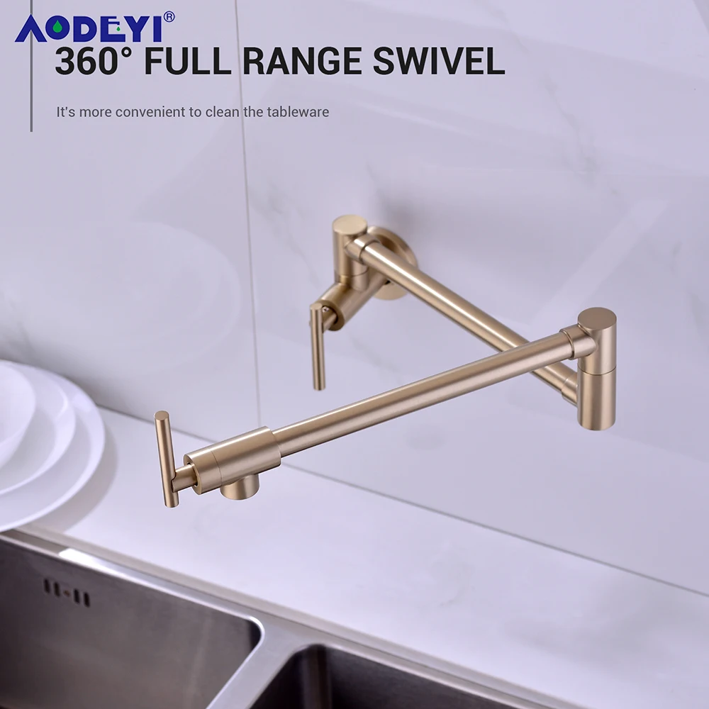 Pot Filler Tap Wall Mounted Foldable Kitchen Faucet Single Cold Single Hole Sink Taps Rotate Folding Spout Brushed Gold SUS304