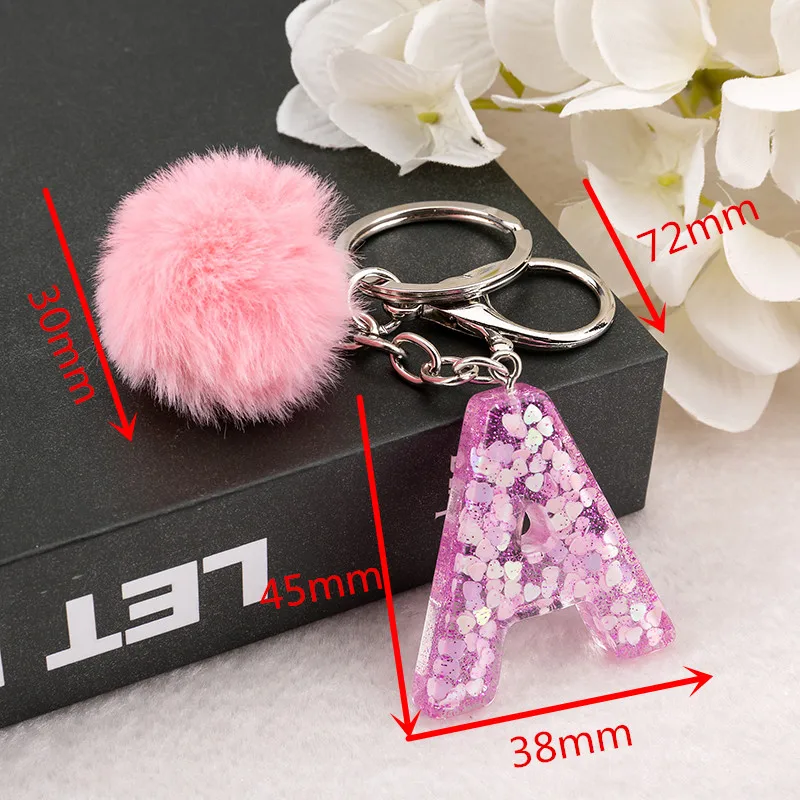 1PC  Woman Keyring Pink Color English Letter Resin Keychain with Puffer Ball 26 Words  A TO Z Handbag Charms