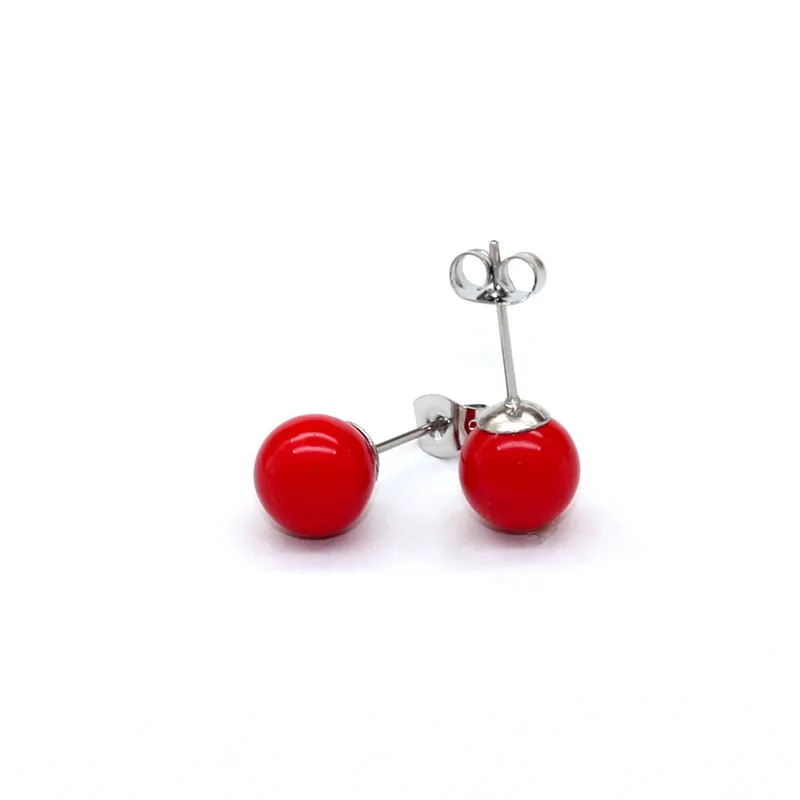 Brief Style Stainless Steel Red Nature Shell Beads Pearls Stud Earrings 4mm 6mm 8mmNo Fade Allergy Free