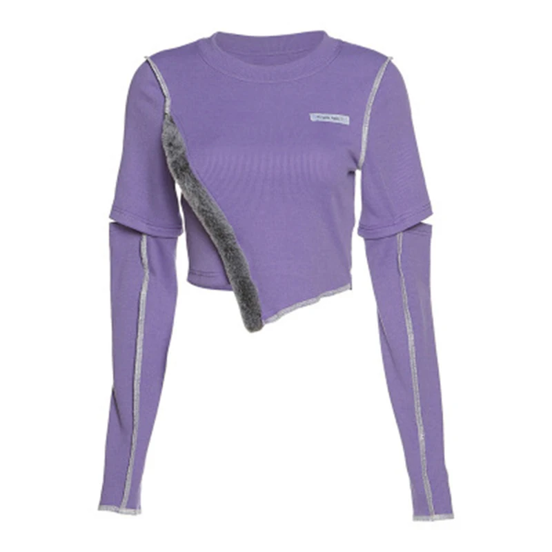 Women slim outdoor running long sleeve round neck fashion splicing Yoga irregular navel exposed T-shirt personalized fitness top