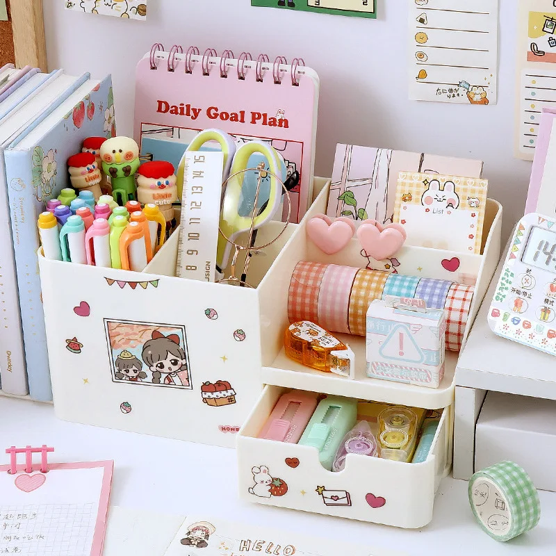 Kawaii ABS 2 in 1 Multifunctional Desktop Organizer Pen Holder Books Stand Holder Bookends Free Sticker School Stationery