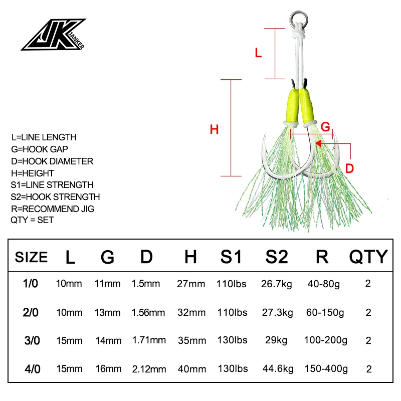 JK Slow Jigging Hook Metal Jig Assist Hook With Antirust Coating Saltwater Fishing Double Hooks