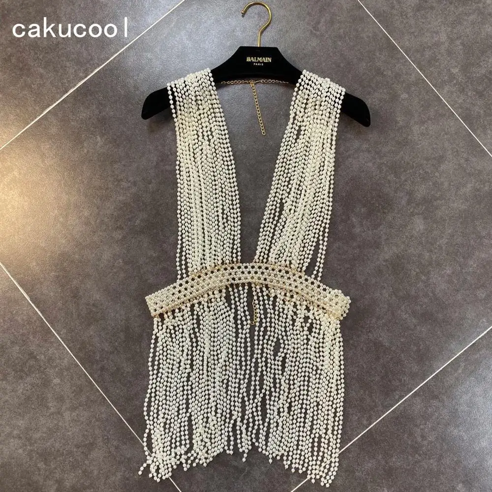 

Cakucool Women Pearls Beading Tassels Vest Heavy Made High-end Designer Summer Spring folk-custom Bohemian Camis Tank Top Lady