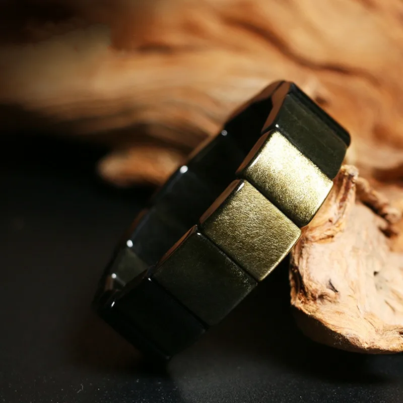 

Natural Gold Obsidian Rectangle Beads Bracelet Rare Woman Men Obsidian Flash Bangle 20x15mm Jewelry AAAAAA