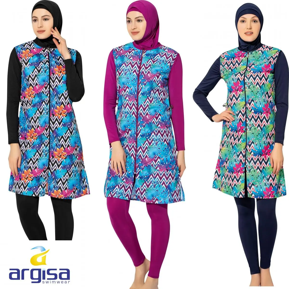 Argisa 7107 Long Micro Sleeves Board Patterned Full Burkini Muslim Swimwear S-XXL Hijab Islamic Swimsuit Fashion Turkey Women cover