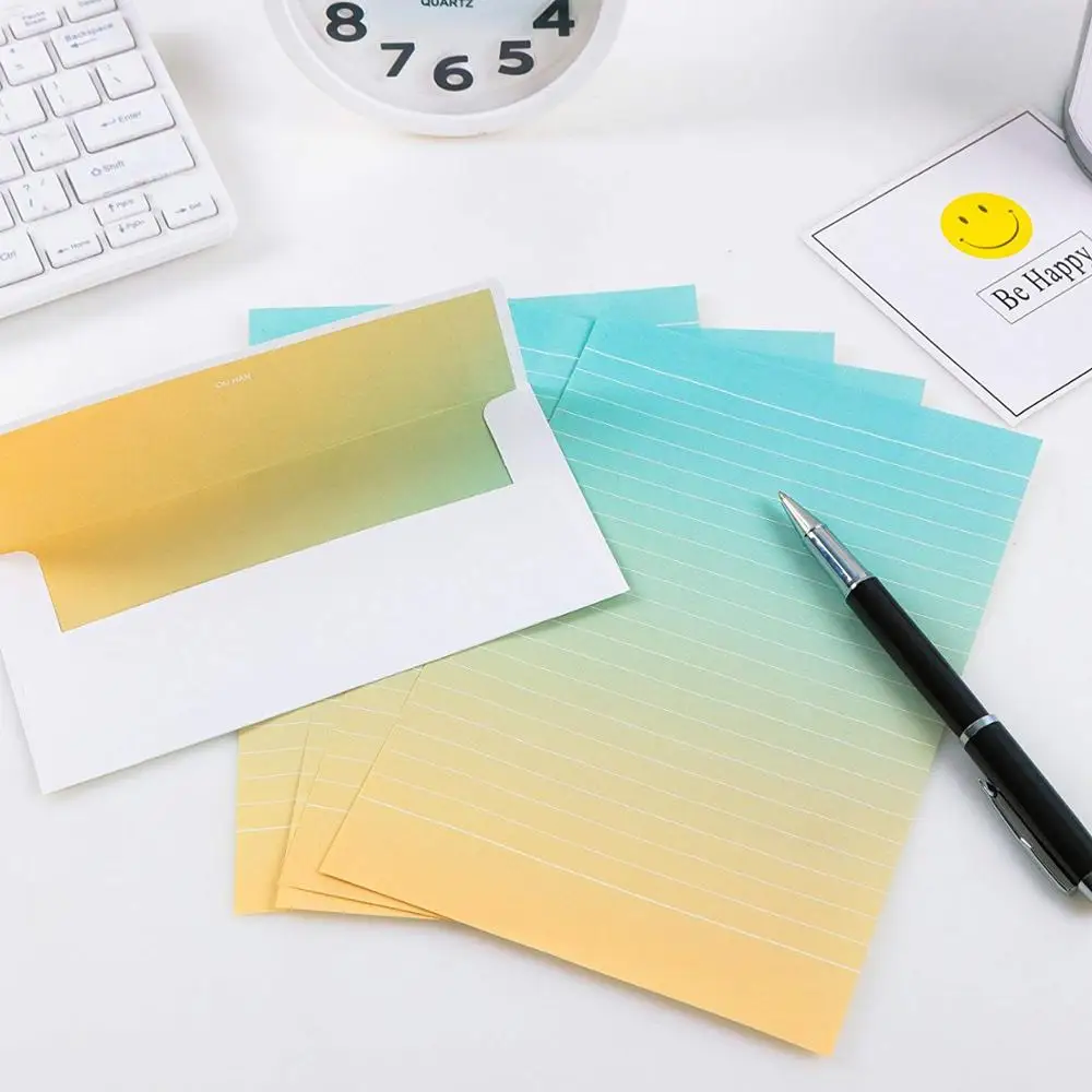 Juego de papel de papelería de escritura colorido arcoíris lindo con 8 sobres y pegatinas de sello de etiqueta para el hogar, escuela, suministro de