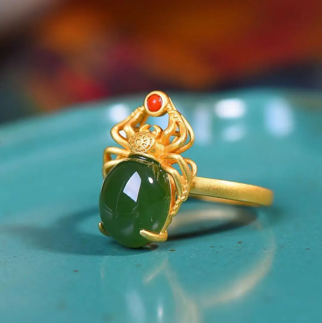 Natural stone jewelry Inlaid Hetian Jade Jasper Egg Surface Spider Ringjade ring  925 ring nickles women jade jewelry ring