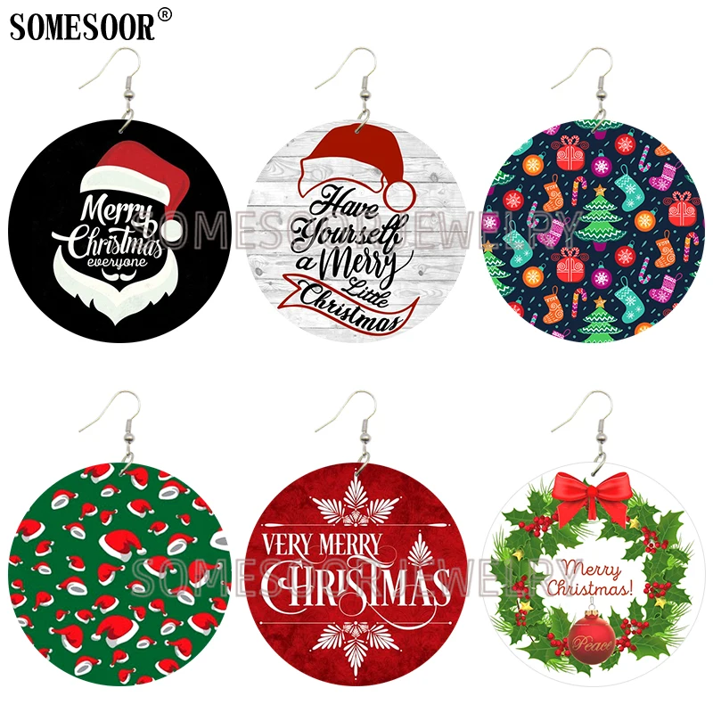 SOMESOOR 2021 Merry Christmas Everyone Santa Claus Wooden Drop Earrings Snowman Design Printed Loops Dangle For Child Women Gift