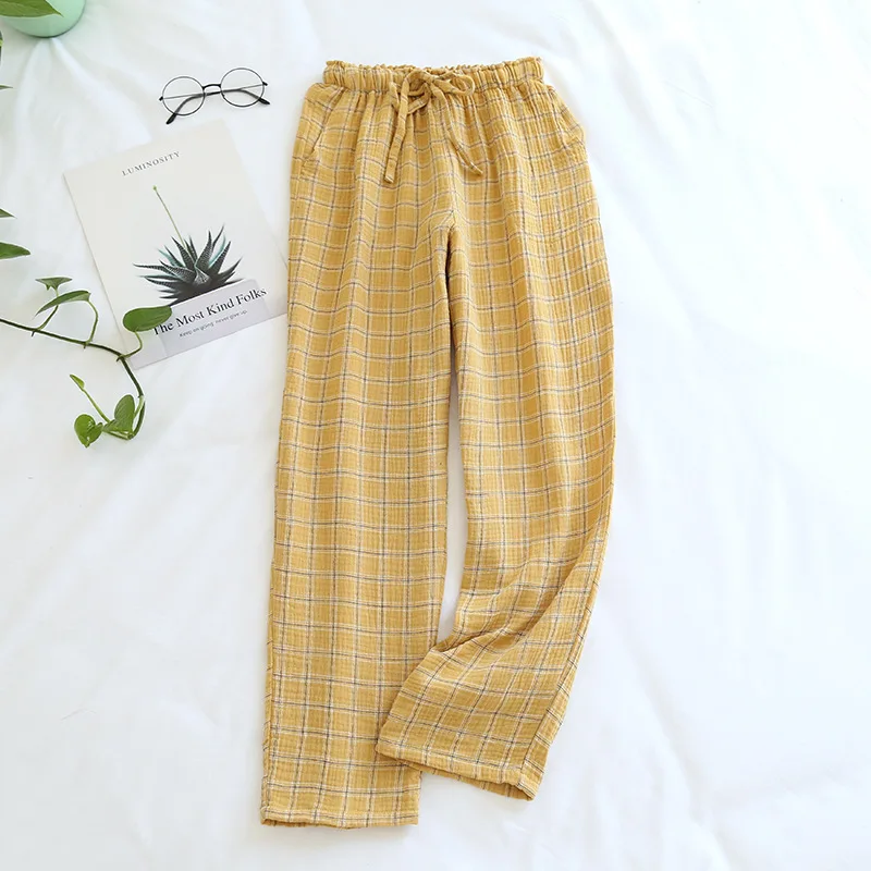 Couple Japanese Sleep Bottoms Plaid Simple Lattice Pajama Pants Women Men 100% Cotton Yarn Home Clothes Elastic Waist Sleepwear