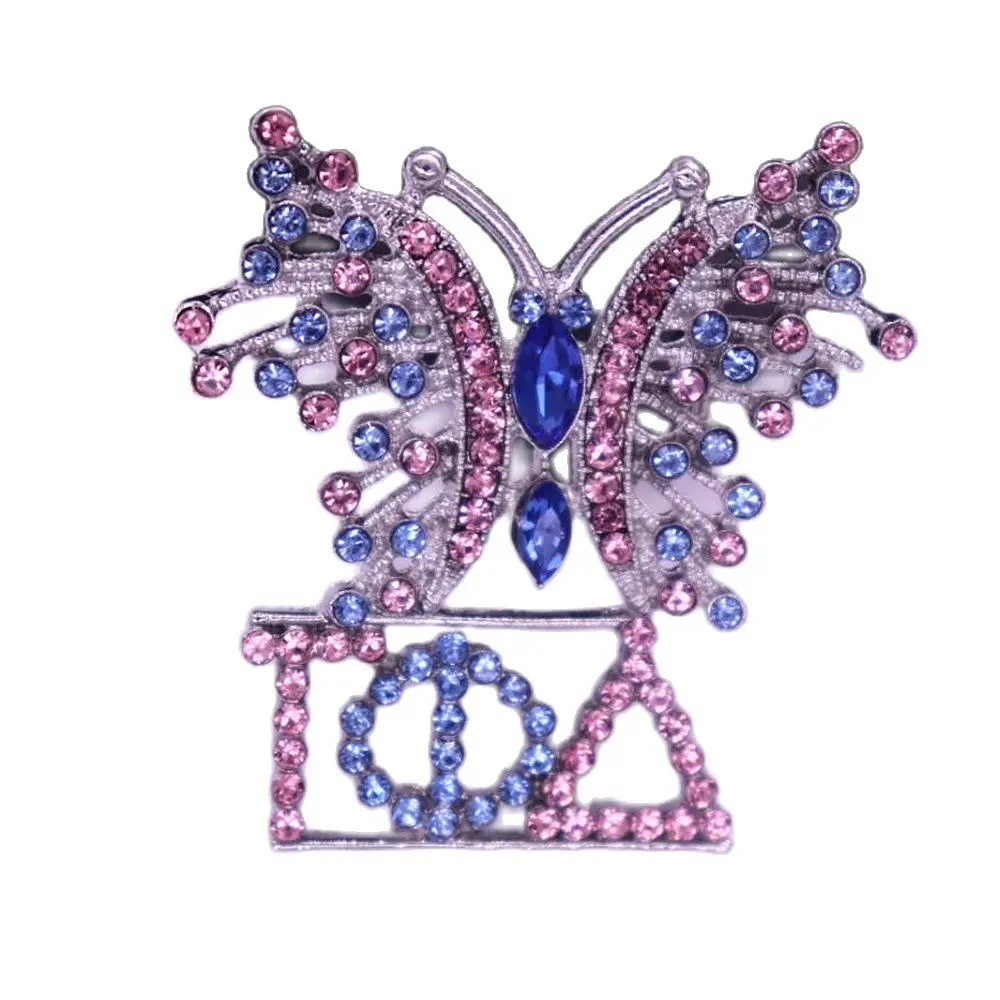 Sorority Womenhood Pink Blue Crystal Butterfly Greek Letters Gamma Phi Delta Brooch Pin Organization Jewelry