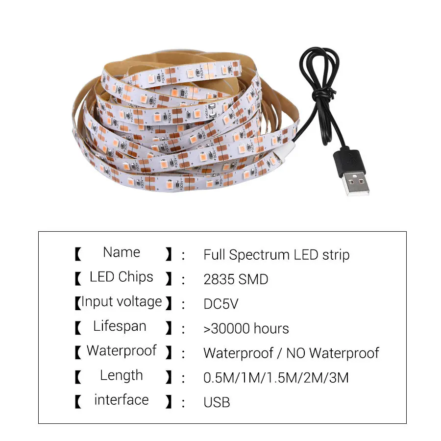 LED Grow light 2M 3M 5M LED Strip light Flexible Tape DC5V 2835LED Phyto Plant Growth lamps For Greenhouse Hydroponic Plant Grow