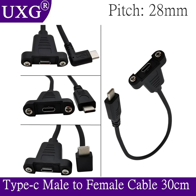 type-c USB 90 Right UP angle Male to Female Extension Panel Mount Type Cable Charge Cord 1Feet Black 0.3M