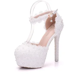 New White Fashion Women White lace wedding shoes High Heels Lady Pointe Toe Sexy Classic Heels Pumps Female Wedding Bridal Shoes