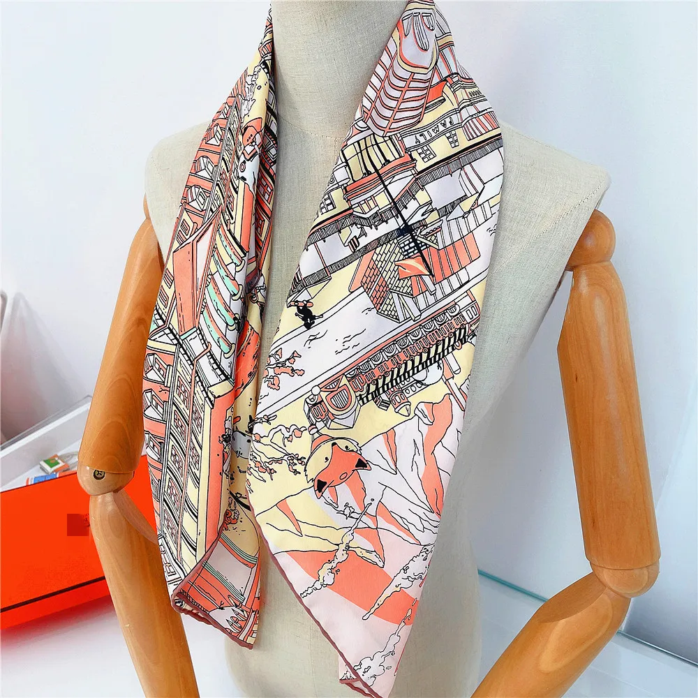 90cm Hand Rolled Bustling Street Print Twill Silk Square Scarf Women Shawl Brand Hijab Scarf Foulard Head Scarves Design Bandana