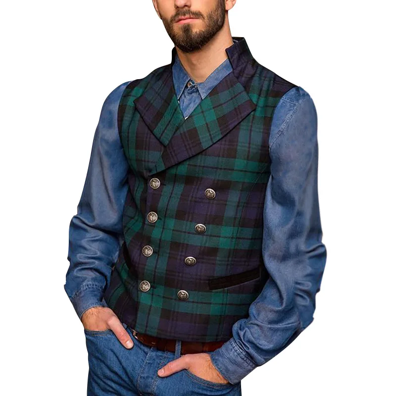 Men Suit Vests Green Plaid Mens Clothing Wedding Tweed Business Waistcoat Jacket Casual Slim Fit Gilet Homme Vest For Groosmen