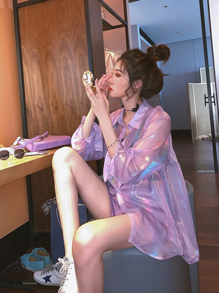 New come !Chiffon Laser Symphony Sunscreen Lantern Sleeve Jersey Jacket Iridescent Rainbow Hologram Shirt Transparent Loosen