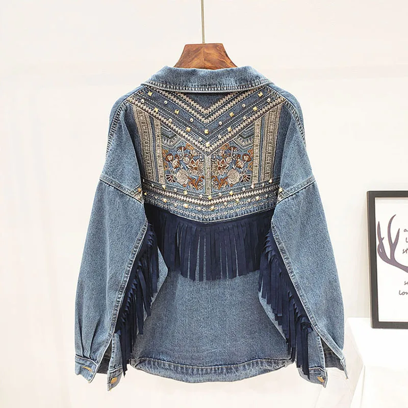 Denim Jacket Floral Embroidery Suede Fringe Loose Denim Coat Chaquetas Mujer Coat Long Sleeve Outerwear Women Vintage Streetwear