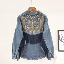 Kurtka dżinsowa kwiatowy haft zamszowy Fringe luźny dżins płaszcz Chaquetas Mujer płaszcz z długim rękawem odzieży wierzchniej kobiet w stylu Vintage Streetwear