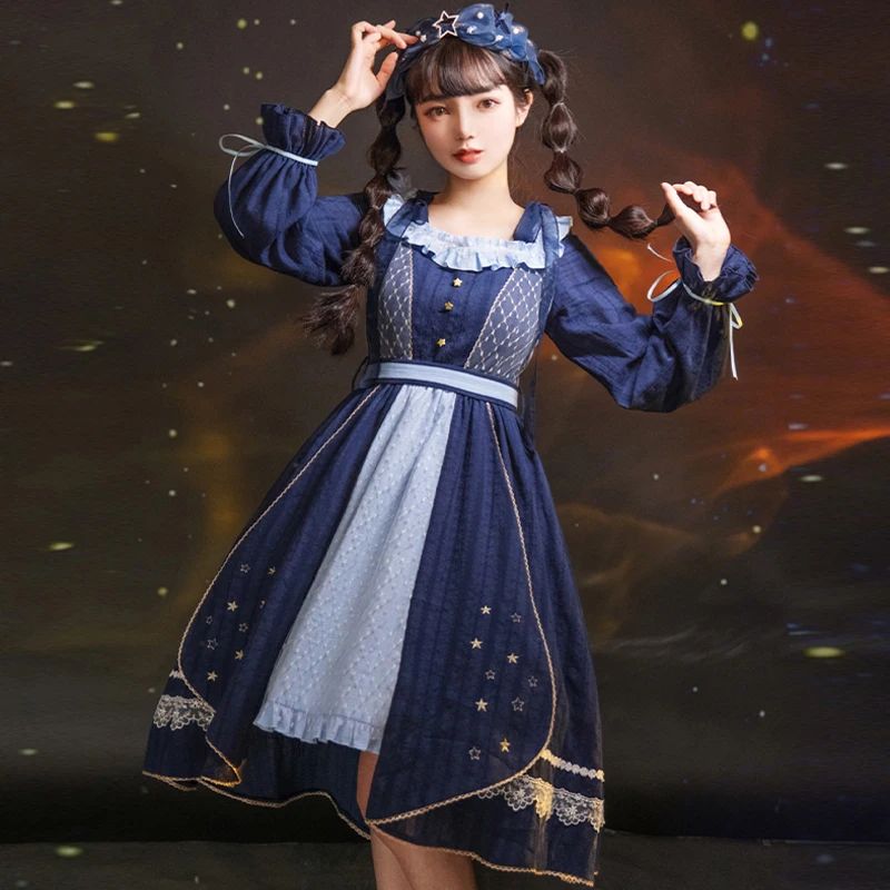 

Navy starry sky Japanese Lolita long sleeve Lo Dress Star embroidery Girl tea party Sweet princess Dresses Kawaii OP Girls Dress