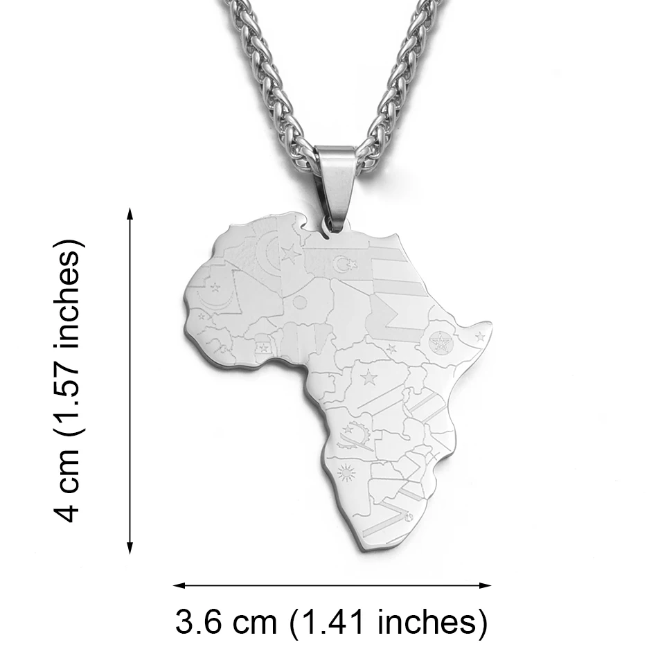 Anniyo Silver Color Stainless Steel Polishing Africa Map Flag Pendant Chain Necklaces African Maps Jewelry for Women Men #126121