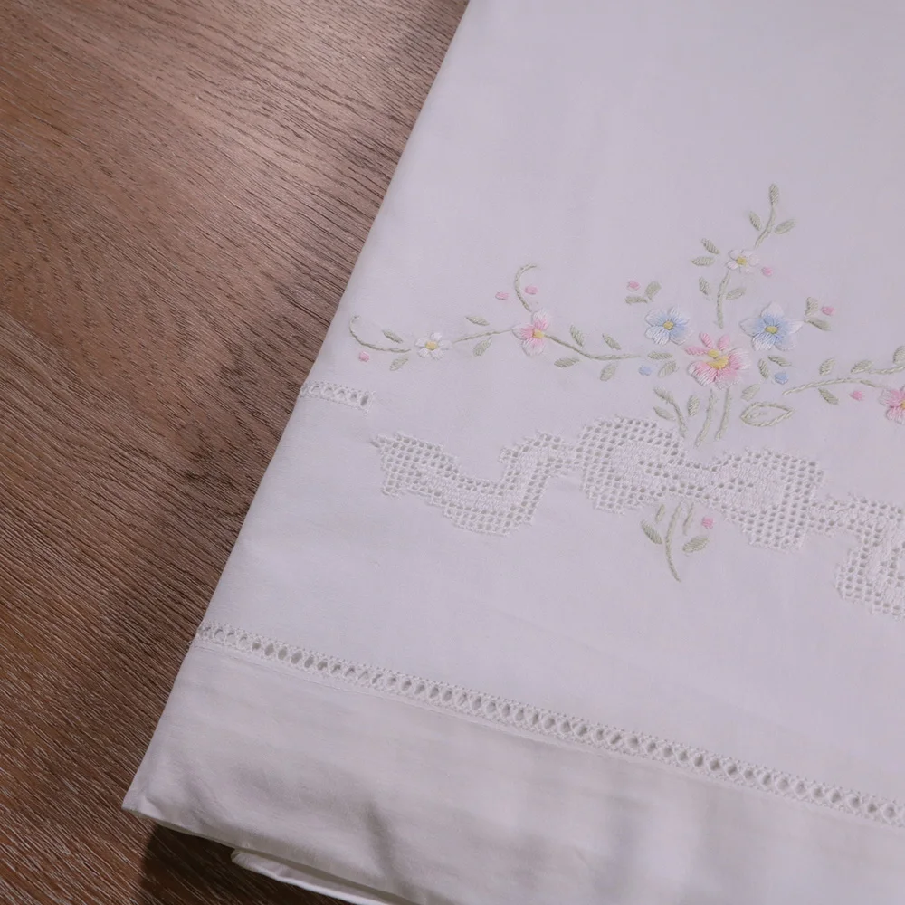 SH01:  1piece Hand embroidered flowers Drawnwork Hollowed out pattern White Ramie Cotton  fabrics  bedclothes Sheet