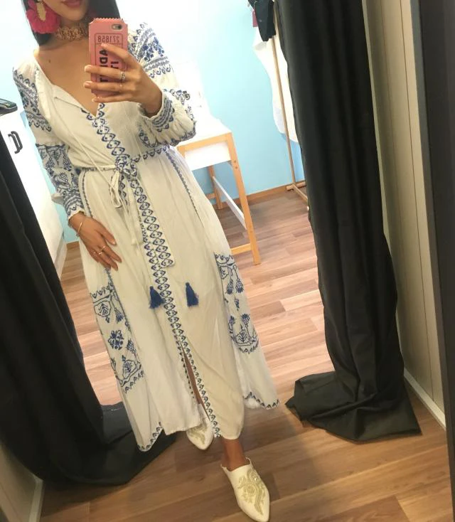 TEELYNN White Cotton Maxi Dress Women Ethnic Tunic Robe Vintage Long Sleeve Embroidery Autumn Dresses Boho Beach Loose Vestidos