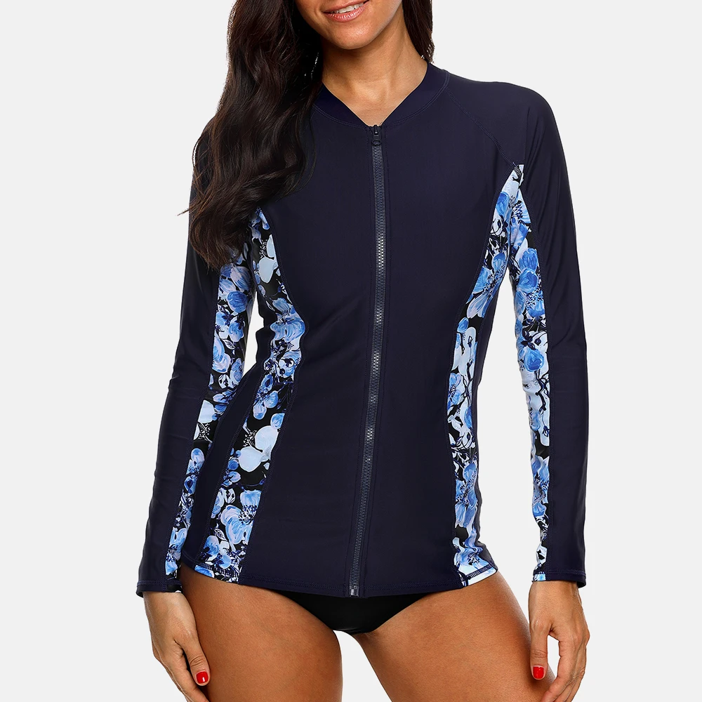 Anfilia Women Long Sleeve Zipper Rashguard Top Floral Print Rush guard Swimwear Surfing Running Shirts Swimsuit UPF50+