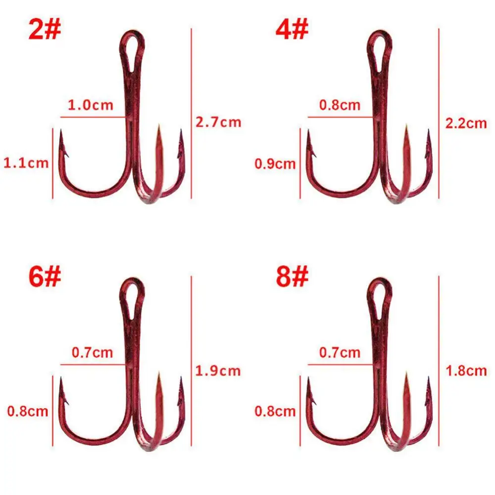 45% Discounts Hot! 100Pcs 2/4/6/8/10/12/14# High Carbon Steel Sharpened Treble Fishing Hooks Tackle