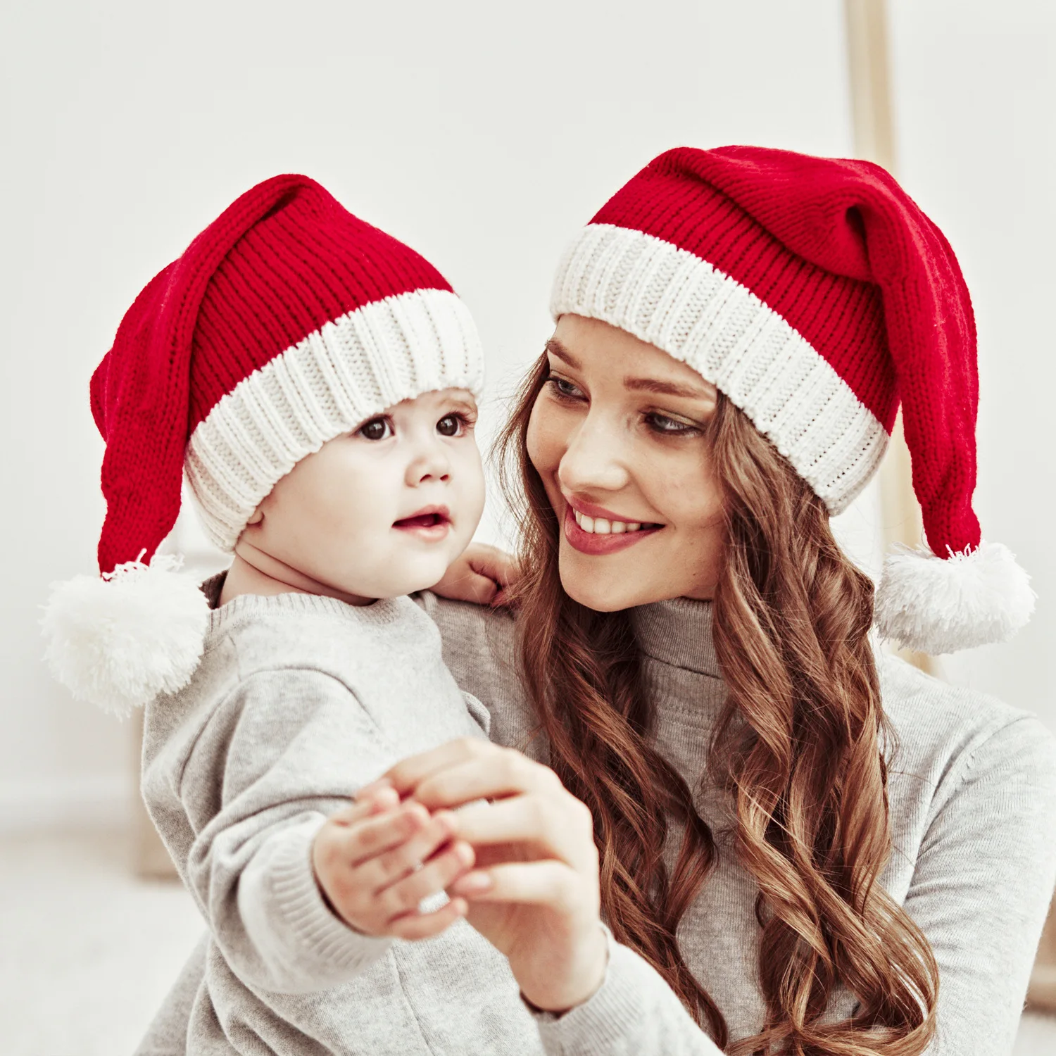 Classic Christmas Knitted Parent-Child Hat Warm Mom Baby Bonnet Winter Hat Cute Kids Children Girl Boy Red Christmas Beanie Caps