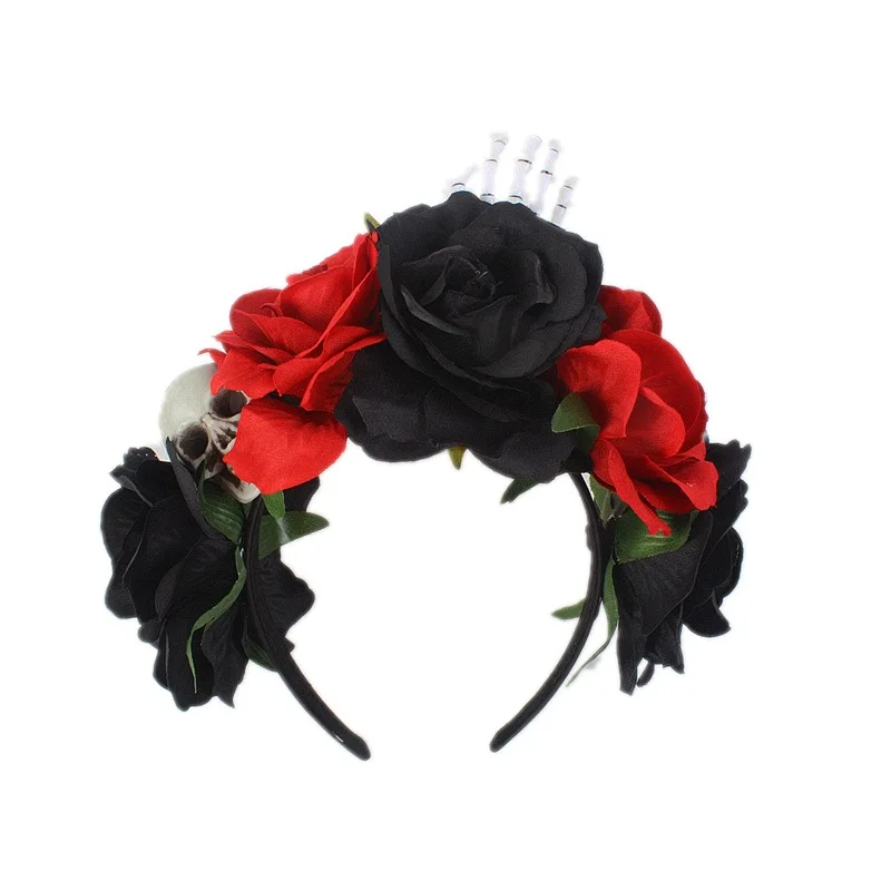 New Skull Hair Hoop Halloween Headbands for Women Finger Bone Party Headwear Red Black Cloth Rose Flower Head Buckle