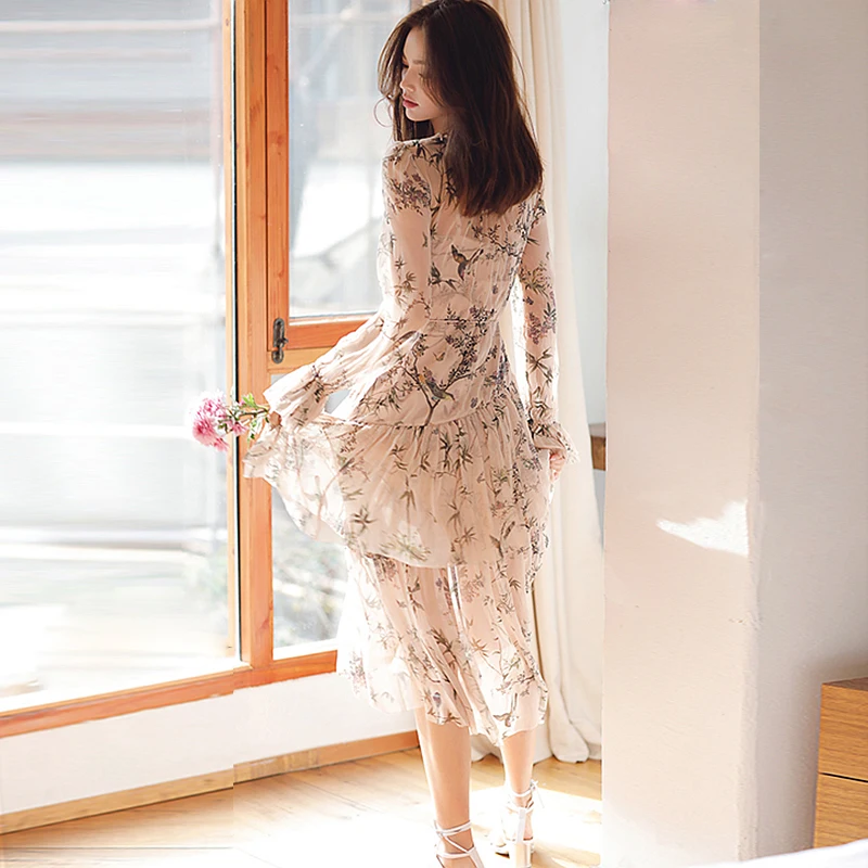 100% Silk Dresses Women Natural Silk Floral Dress Two Pieces Print Long Dress O Neck Long Sleeves Ruffles Dress Fashion