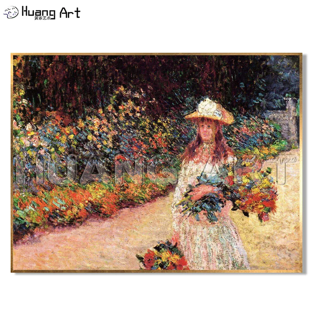 Reproduction Cloud Monet Oil Painting on Canvas Hand-painted Girl Picking Flowers Landscape for Living Room Wall Decoration