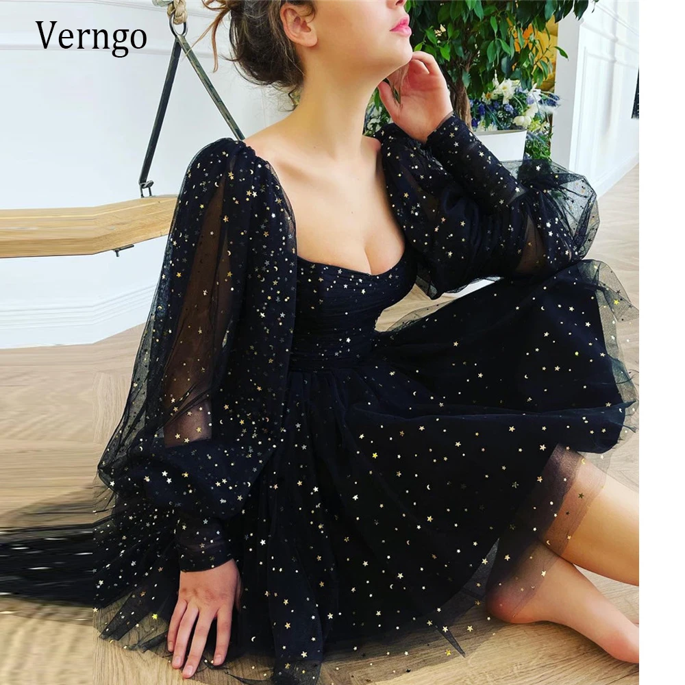 Verngo New 2021 Sparkly Stars Black Tulle Prom Dresses Puff Long Sleeves Sweetheart Knee Length Short Evening Party Gowns