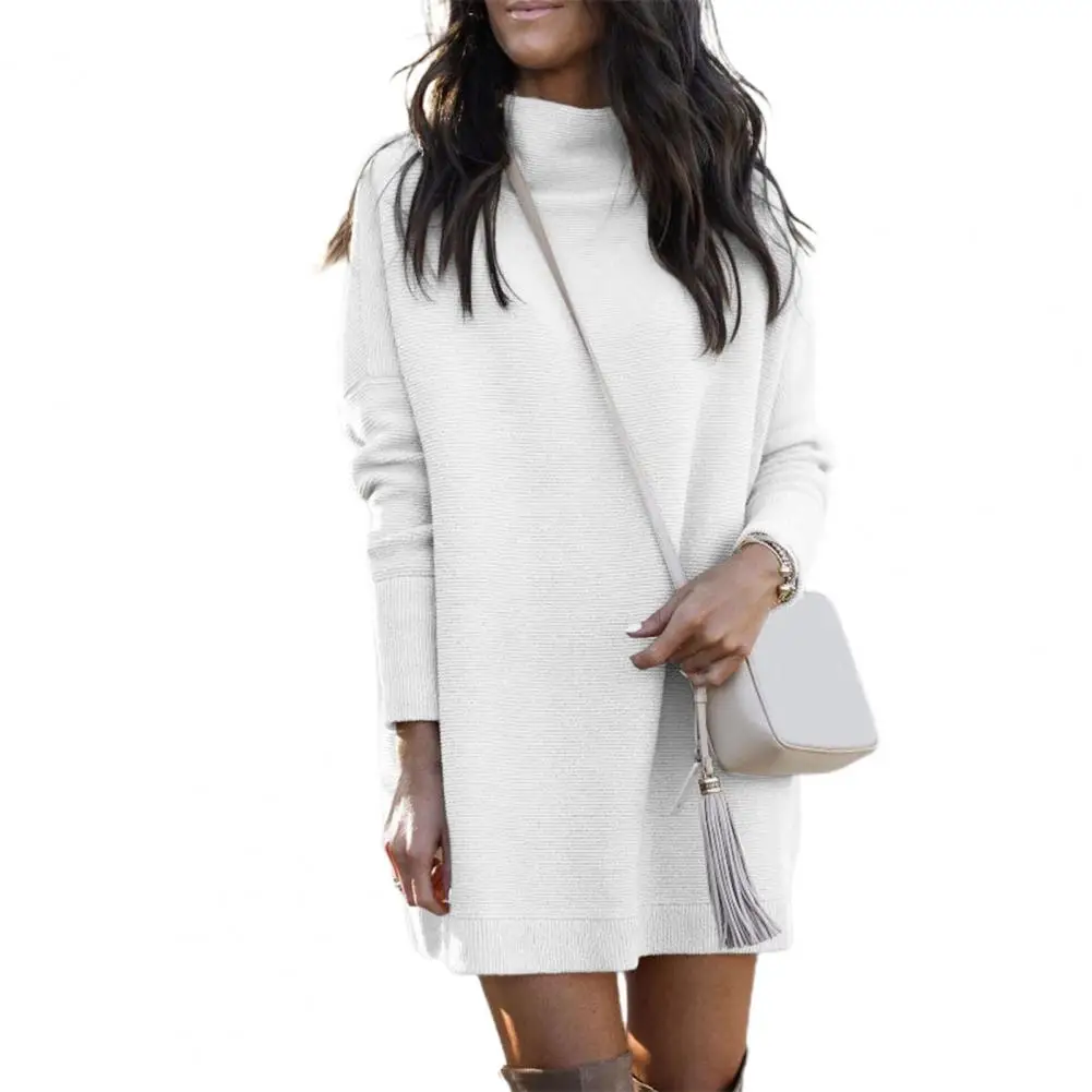 Sweater Dress Solid Color Knitted Autumn Winter Round Neck Long Mini Dress for Office