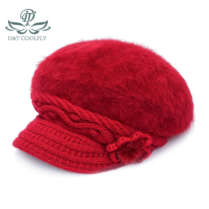 D&T 2022 New Fashion Hat Beret Women Knitted Warm Flower Decoration Sun Protection Winter Elegant Solid Color Hairy Wool Hat